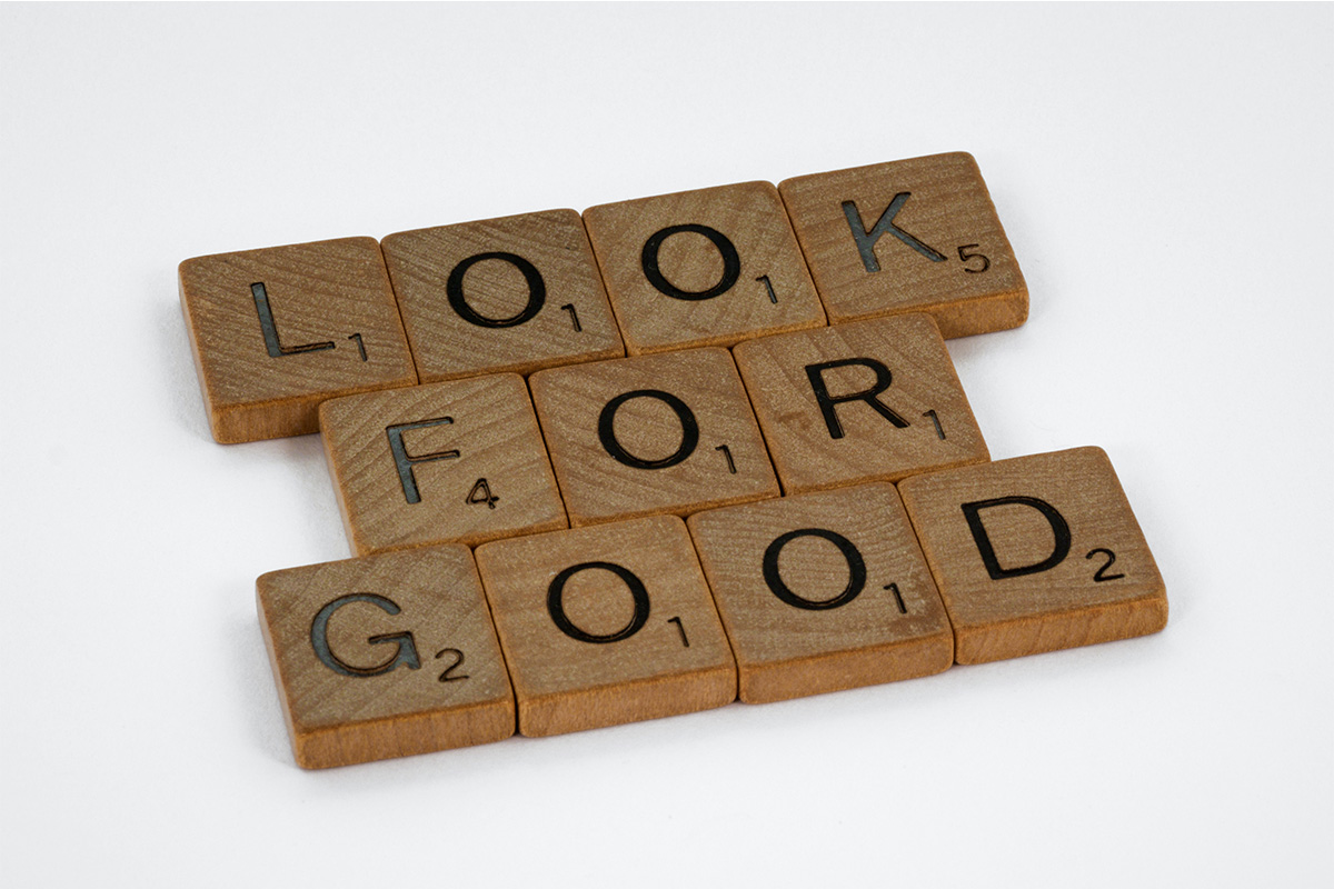 Photo of scrabble tiles that read "look for good" on the home page of attorney Sara Yen's website (yenlaw.com)